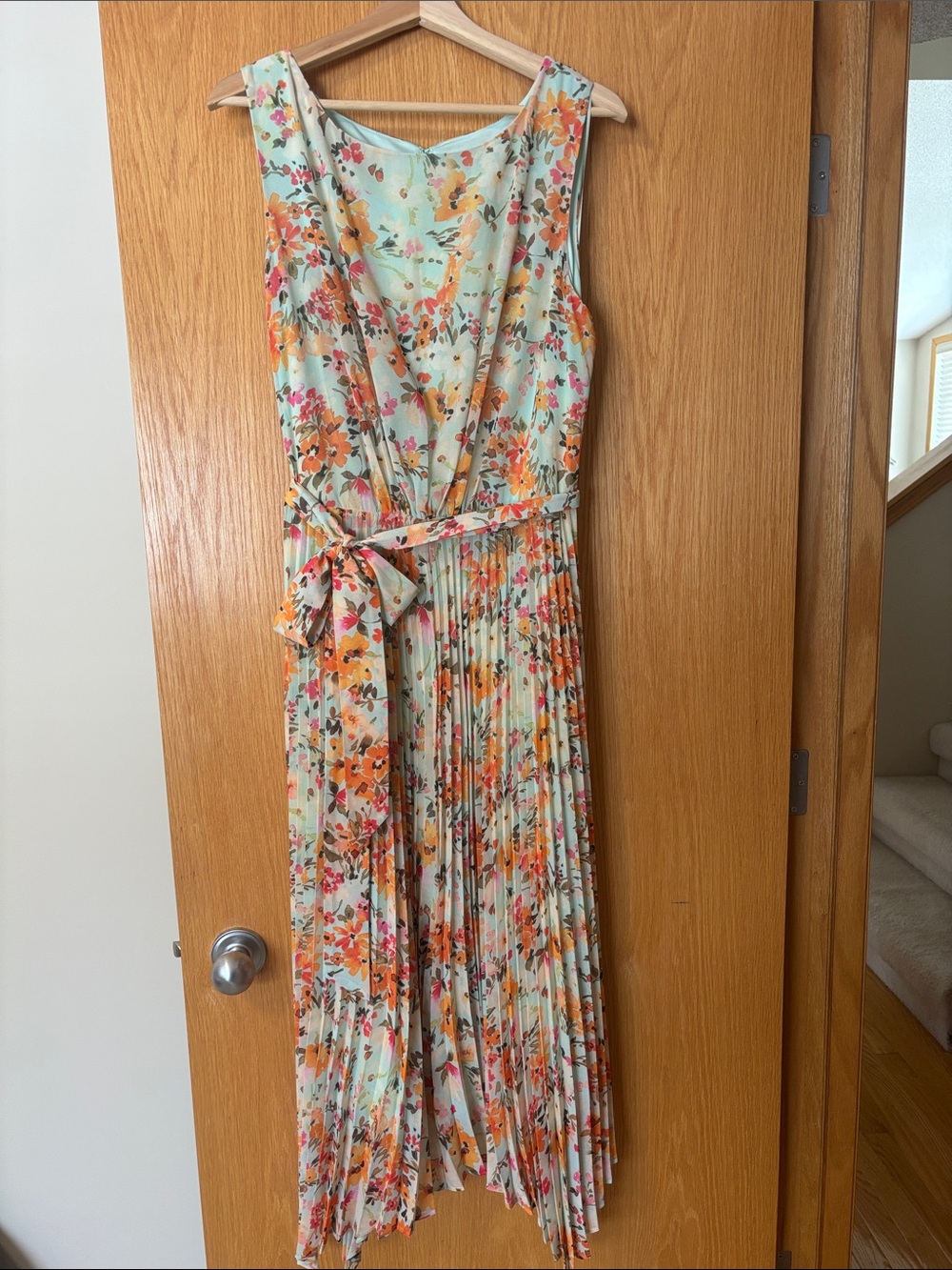 Mint Floral Pleated Maxi Dress with Waist Tie